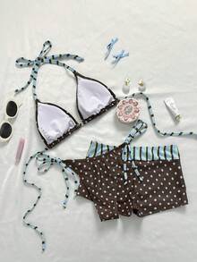 Swim Mod Girls' Pink Polka Dot Print Underwire Bikini Top With Printed Triangle Bottoms And Long Mesh Pants - Pink - View 2