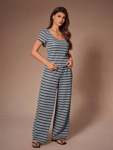 Lazeform Comfortable & Fashionable Striped Scoop Neck Short Sleeve Loungewear Set - Blue - View 5