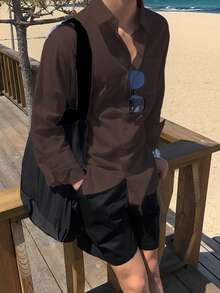 DAZY 男士春夏纯色口袋休闲长袖衬衫，适合秋季 - 咖啡棕 - 查看 4