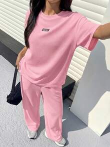 Muchica Light Pink Textured Casual Loose T-Shirt And Pants Set For Women - Baby Pink - View 3