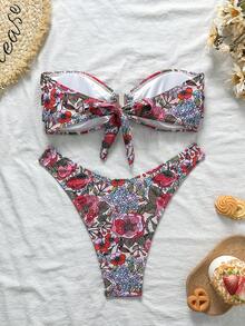 Swim Vcay 女士热带印花挂脖比基尼套装，金属装饰，两件套比基尼，适合度假休闲 - 紅色 - 查看 2