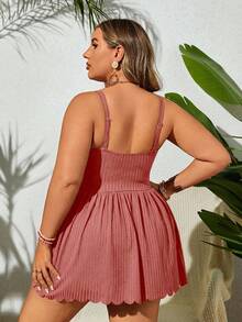 Swim Lushoire Plus Size Women's Solid Color Ruched Camisole Top And Triangle Bottoms Bikini Swimsuit Set - Coral Pink - View 2
