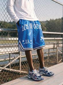 EVRINFINITE Men's Drawstring Waist Pocket Letter Print Y2K Style Sports Shorts - Blue - View 5