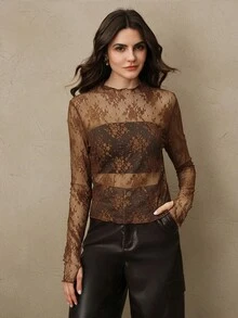 Anewsta Blusa elegante de mujer con transparencias de encaje y agujero para el pulgar, adecuada para fiestas y vacaciones - Marrón Chocolate - Ver 4