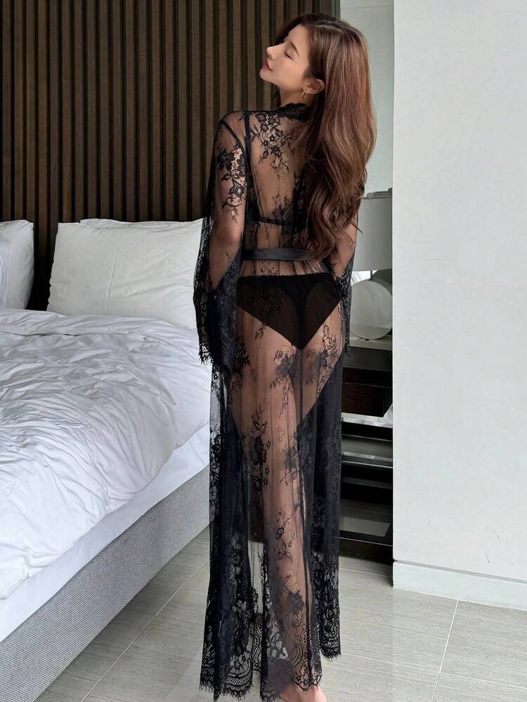 Lace Semi-Sheer Romantic Bell Sleeve Belted Robe Pajama