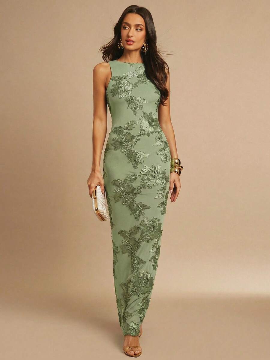 Silquee Gaun Minimalis Elegan Pas Badan dengan Motif Bunga 3D untuk Pernikahan, Makan Malam, dan Acara Pernikahan Musim Panas Warna Hijau Sage - Mint Green - View 1