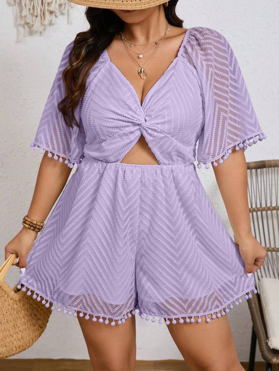 SHEIN Frenchy 夏季加大码纯色V领镂空扭结前短袖连体裤 - 紫色 - 查看 1