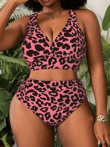 Slaydiva Plus Size Women's 2pcs Leopard Print V-Neck High Waist Triangle Bikini Swimwear Vacation Summer - Multicolor - View 6