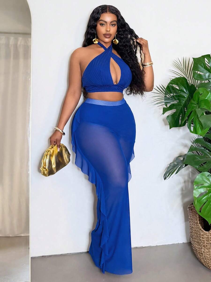 Slaydiva Women's Solid Color Halter Neck Swimwear 3-Piece Set, Suitable For Beach Vacation, Plus Size - Royal Blue - View 1