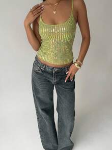 Aloruh Camiseta de mujer nueva con encaje y aplicación de lentejuelas, ropa de calle - Verde militar - Ver 7