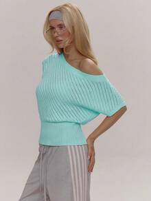 MUSERA Asymmetric Off The Shoulder Batwing Sleeve Ribbed Cinched Waist Knit Cute Girly Sexy Spring Winter Going Out Daily Easter Sugar Swizzle - Mint Green - View 3