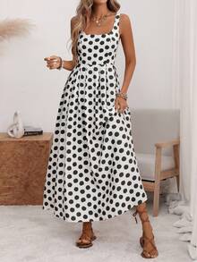 A-Line Midi Dress With Pleated Back, Fitted Waist, Wide Straps And U-Neck, With Back Adjustment, In A Romantic Style Of Large Polka Dots, Elegant Retro French Minimalist, Suitable For Office, Travel, Business, Casual, Beach, Resort, Spring/Summer - 黑白 - 查看 5