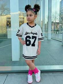 SHEIN Đầm ngắn tay kẻ sọc và in họa tiết thường ngày cho bé gái - Đen và trắng - Xem 1