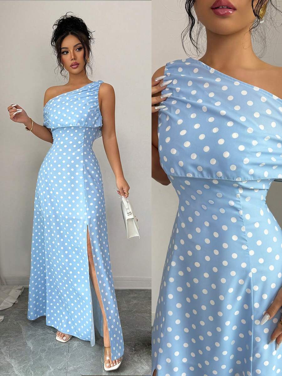 Selianne Off-Shoulder Polka Dot Casual Sexy Elegant Vacation Maxi Dress For Women, Slim Fit Summer Dress Golf White - Blue - View 1