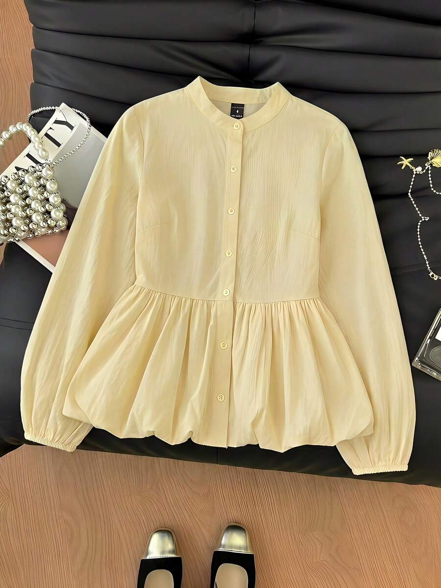 Solavon Áo kiểu nữ tay phồng xòe rộng, màu trơn, thích hợp cho mùa xuân/thu, mặc hàng ngày và đi làm. - Màu vàng ngỗng - Xem 1