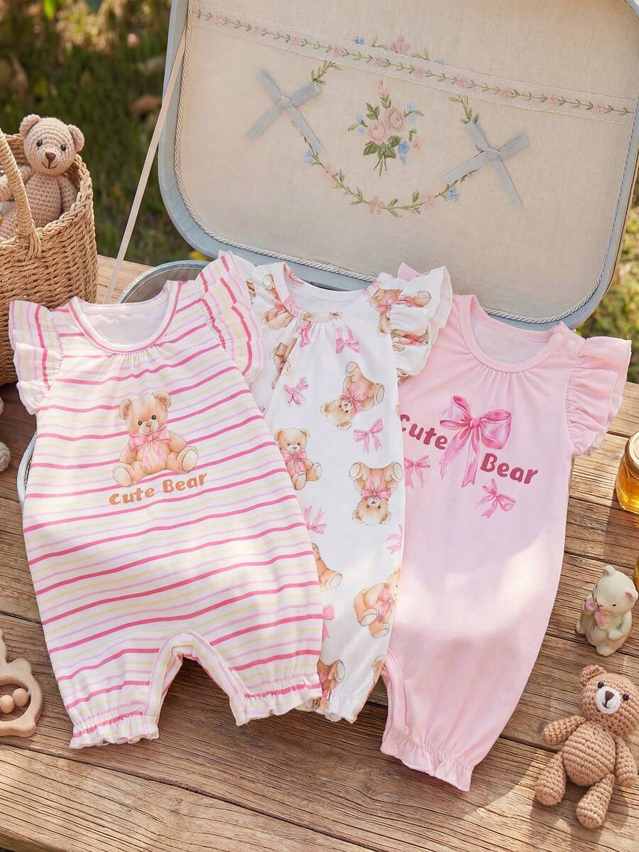 Souflis Souflis Baby Girl 3 Pieces Set Cute Bear Pattern Romper With Flutter Sleeves And Gathered Hem, Suitable For Summer Outings - Multicolor - View 1
