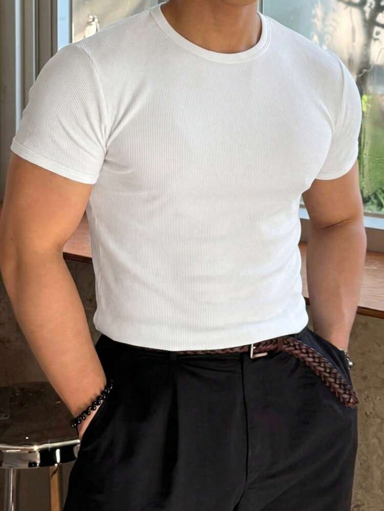 Men's Slim Fit Round Neck White Short Sleeve T-Shirt