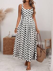 A-Line Midi Dress With Pleated Back, Fitted Waist, Wide Straps And U-Neck, With Back Adjustment, In A Romantic Style Of Large Polka Dots, Elegant Retro French Minimalist, Suitable For Office, Travel, Business, Casual, Beach, Resort, Spring/Summer - 黑白 - 查看 4