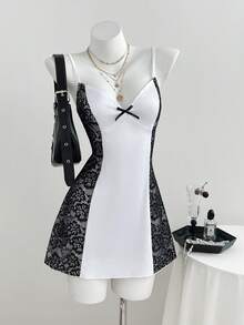 Elamini 女士V领A字吊带连衣裙，性感休闲家居服 - 黑與白 - 查看 5