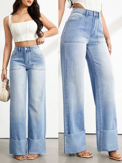 SHEIN Tall Jeans de tiro alto y pierna ancha para mujer, pantalones vaqueros de tela lavada en azul claro con dobladillo acampanado, pantalones casuales de verano y ropa de calle. Jeans rectos, sueltos y versátiles de tiro alto con bolsillos para mujer.