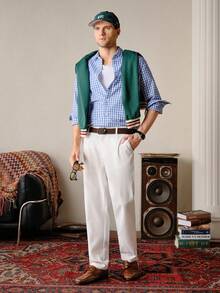 男士休闲单排扣格子衬衫，适合通勤、秋季穿着，长袖上衣，复古风格。 - 藍色 - 查看 4