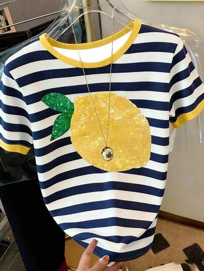 Blusa de manga corta con estampado digital de rayas y limones para niñas preadolescentes, casual y cómoda para primavera/verano, conjunto de verano versátil adecuado para actividades al aire libre, picnics, fotografía callejera, vacaciones, regalos y uso diario