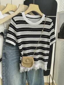 Franclia 女士渐变镂空短袖针织上衣 - 彩色 - 查看 4