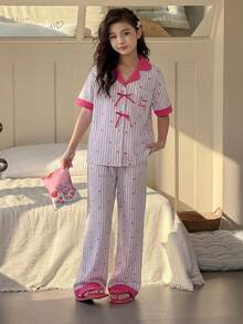 DAZY Bộ đồ ngủ ngắn tay và quần in chữ kẻ sọc cho bé gái tuổi teen - Nhiều màu - Xem 6