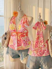 SHEIN EZwear Áo kiểu nữ cỡ lớn in hoa cổ chữ V có tua rua, thích hợp mặc đi nghỉ mát, bộ đồ đi nghỉ mát mùa xuân/hè cho nữ, trang phục mùa hè cỡ lớn cho nữ. - Nhiều màu - Xem 10