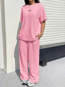 Muchica Light Pink Textured Casual Loose T-Shirt And Pants Set For Women - Baby Pink - View 4
