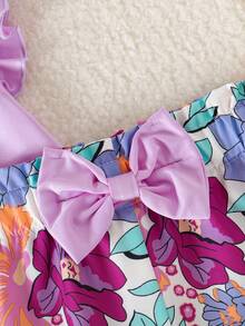 SHEIN Playful Pals 2件套女婴0-3岁春夏优雅休闲度假日常套装，蝴蝶结荷叶袖上衣+收腰印花短裤 - 橘色 - 查看 6