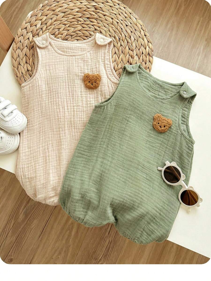 2pcs/Set Newborn Baby Boy Cute Bear Decor Sleeveless Romper & Pants Set, Summer - Multicolor - View 1
