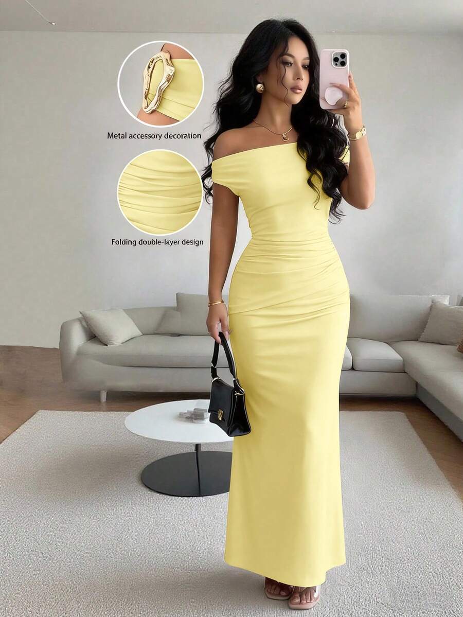 Rafferiza Elegant Ruched Off Shoulder Metallic Accent Formal Dress For Women - Light Yellow - View 1