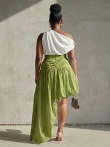 BamGlimmer Women's Olive Green,Autumn,Elegant,Bar Party Irregular Hem Skirt,Waist Cinched Oversized Loose New Design Holiday Resort Fashionable Casual Style - Green - View 2