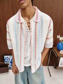 TOKVUE Men's Contrast Stripe Drop Shoulder Short Sleeve Button Front Casual Hollow Out Knit Top - Multicolor - View 1