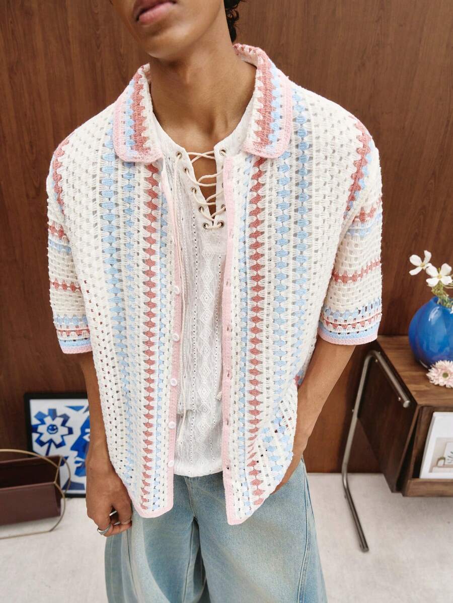 TOKVUE Men's Contrast Stripe Drop Shoulder Short Sleeve Button Front Casual Hollow Out Knit Top - Multicolor - View 1