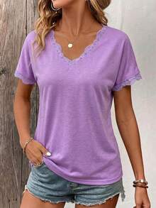 Selamara 女士春夏新款蕾丝边V领短袖T恤 - 紫色 - 查看 6