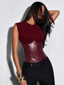 Normani 女士时尚束腰拉链无袖上衣 - 酒紅色 - 查看 6