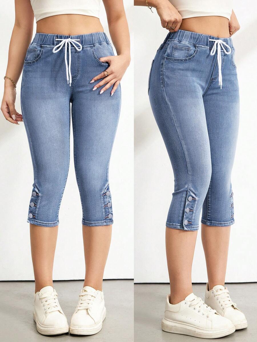 SHEIN Tall Women's High Waist Tummy Control Drawstring Denim Capris, 4 Way Stretch Casual Summer Capri Length Jeans Women's Drawstring Waist Pocket Casual Skinny Capri Length Jeans - Light Wash - View 1