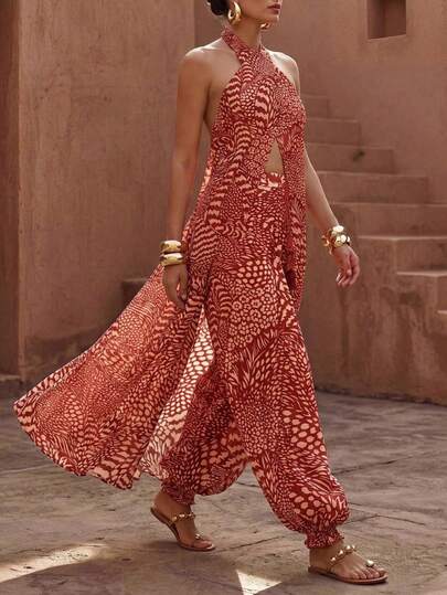 Zivah New Summer Boho Nomadic Vacation Retro Print Burgundy Long Cross-Strap Top+Wide-Leg Gathered Tulip Pant Women Two Pieces Set.Suitable For Vacations, Travel, Everyday Outings, Party, Music Festivals, Beaches, Holidays, Airport Fashion, Cruises, Afternoon Tea-Z,Vacation Outfits Women