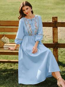 Vintamour 复古优雅女士连衣裙，带口袋，花卉刺绣缎带蕾丝，休闲连衣裙，适合度假、夏季穿着，夏季度假装扮，春季女装，春季连衣裙，春季服装，春假装扮，春季女装，优雅派对连衣裙，优雅派对连衣裙，婚礼宾客连衣裙，婚礼派对连衣裙，毕业礼服，优雅典礼连衣裙，优雅女士连衣裙，正式礼服 - 淺藍色 - 查看 3