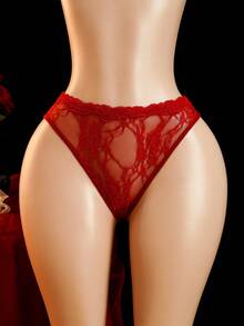 SHEIN 性感勃艮第酒红色蕾丝开裆女士外出内裤 - 酒紅色 - 查看 3