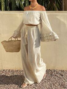 DAZY 女士露肩荷叶边宽松度假沙滩两件套 - 卡其色 - 查看 5