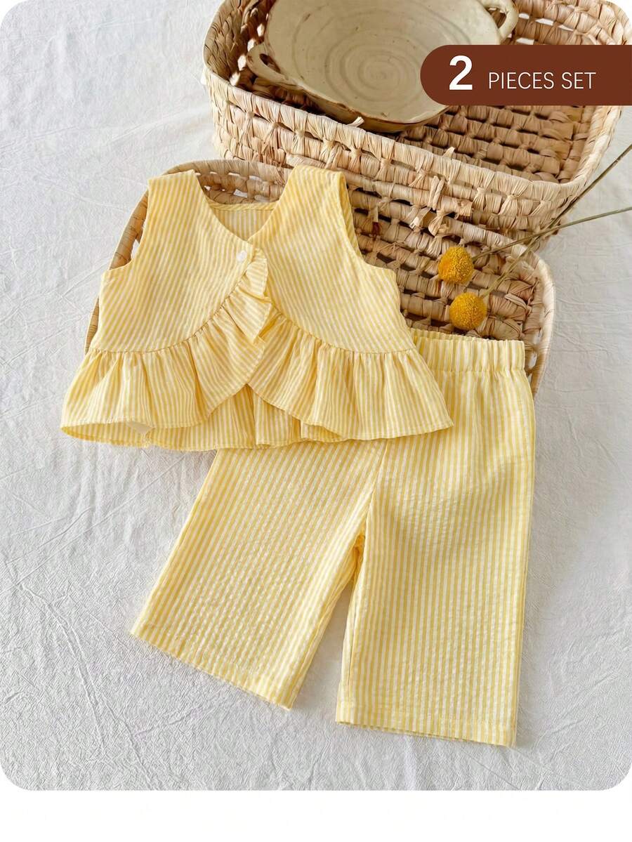 SHEIN Conjunto de camisa casual de cuadros con volantes y pantalones holgados de tejido para niñas bebés, conjunto para hermanas, adecuado para primavera y verano - Amarillo - Ver 1