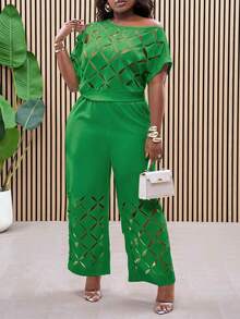 Slaydiva Conjunto de dos piezas de talla grande con bordado floral y hombros descubiertos, ligero y elegante para ocasiones festivas - Verde - Ver 7