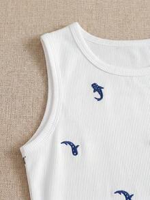 SHEIN Tween Girls Colorblock Embroidered Sleeveless Round Neck Tank Top - White - View 6