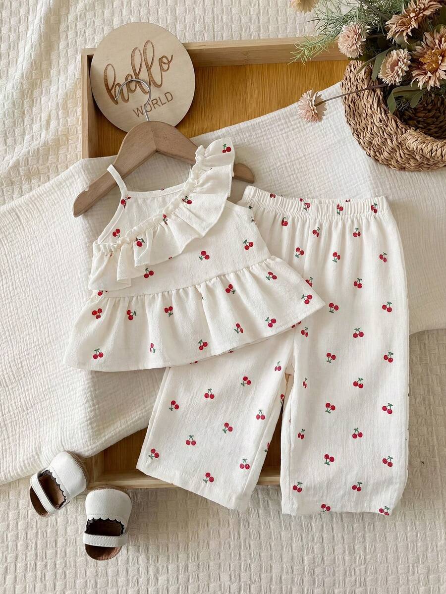 Bộ 2 món áo ba lỗ và quần họa tiết quả anh đào dệt cho bé gái - trắng - Xem 1