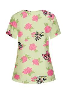 PopScrub THE POWERPUFF GIRLS X SHEIN Women's Light Yellow Rose Floral All-Over Print V-Neck Nurse Uniform - Multicolor - View 2