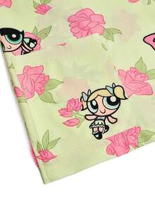 PopScrub THE POWERPUFF GIRLS X SHEIN Women's Light Yellow Rose Floral All-Over Print V-Neck Nurse Uniform - Multicolor - View 10
