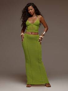 MUSERA Crochet Knit Fitted Cami Top And Maxi Skirt Set Co-Ord Spring Summer Holiday Vacation Beach Ibiza Festival Party Elegant Divinity - Green - View 5